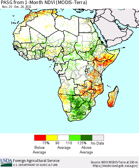 Africa PASG from 1-Month NDVI (Terra-MODIS) Thematic Map For 12/21/2021 - 12/31/2021