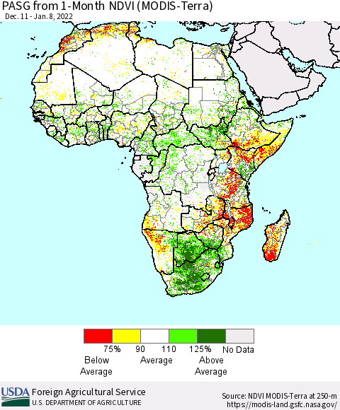 Africa PASG from 1-Month NDVI (Terra-MODIS) Thematic Map For 1/1/2022 - 1/10/2022