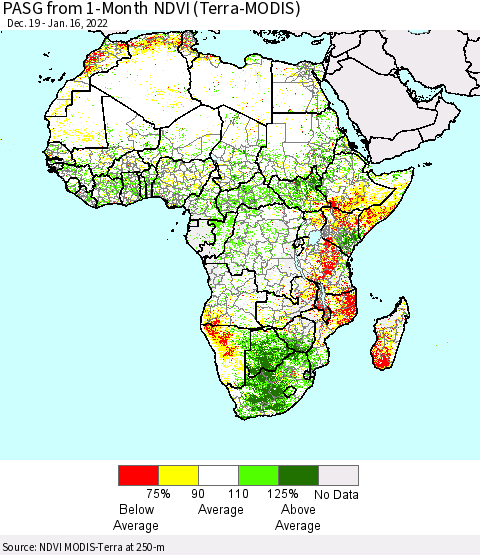 Africa PASG from 1-Month NDVI (Terra-MODIS) Thematic Map For 1/9/2022 - 1/16/2022