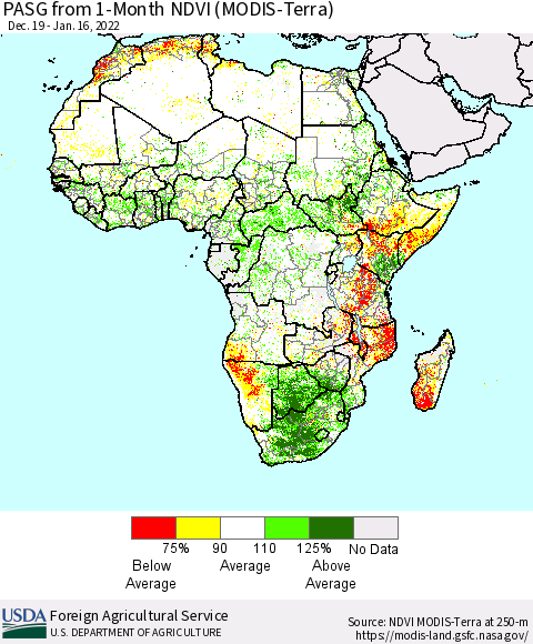 Africa PASG from 1-Month NDVI (Terra-MODIS) Thematic Map For 1/11/2022 - 1/20/2022