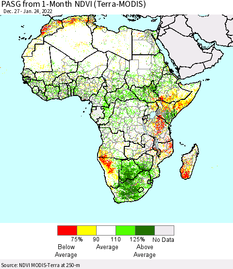 Africa PASG from 1-Month NDVI (Terra-MODIS) Thematic Map For 1/17/2022 - 1/24/2022