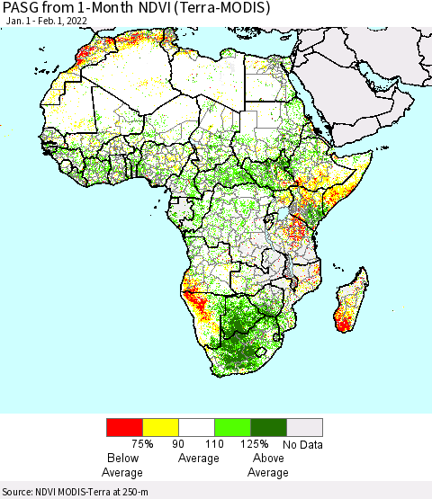 Africa PASG from 1-Month NDVI (Terra-MODIS) Thematic Map For 1/25/2022 - 2/1/2022