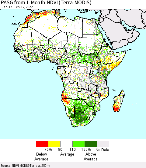 Africa PASG from 1-Month NDVI (Terra-MODIS) Thematic Map For 2/10/2022 - 2/17/2022