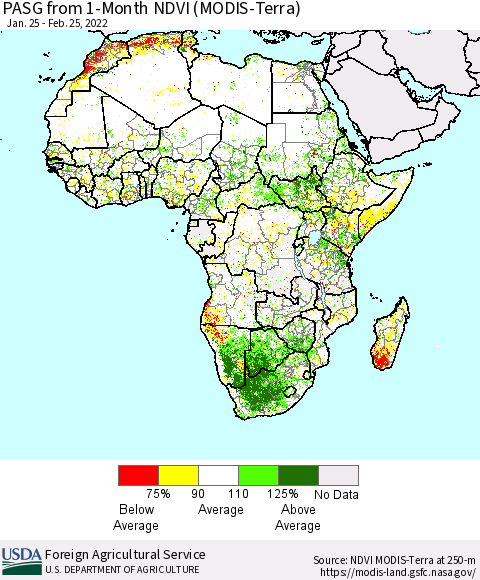 Africa PASG from 1-Month NDVI (Terra-MODIS) Thematic Map For 2/21/2022 - 2/28/2022