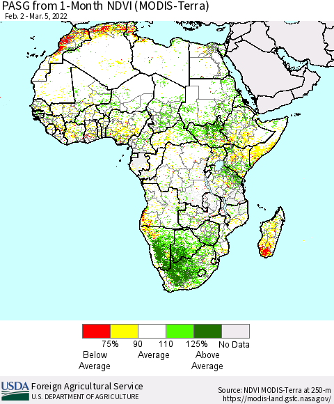 Africa PASG from 1-Month NDVI (Terra-MODIS) Thematic Map For 3/1/2022 - 3/10/2022