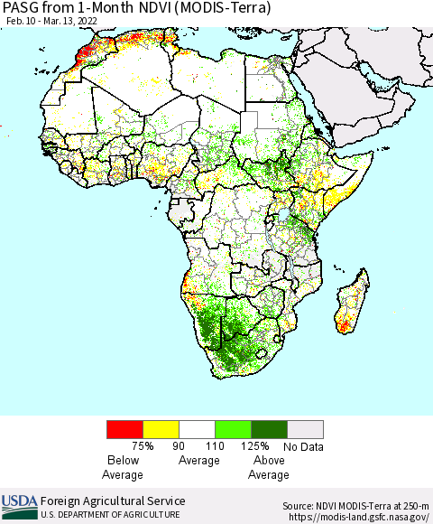 Africa PASG from 1-Month NDVI (Terra-MODIS) Thematic Map For 3/11/2022 - 3/20/2022