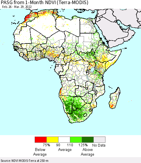 Africa PASG from 1-Month NDVI (Terra-MODIS) Thematic Map For 3/22/2022 - 3/29/2022