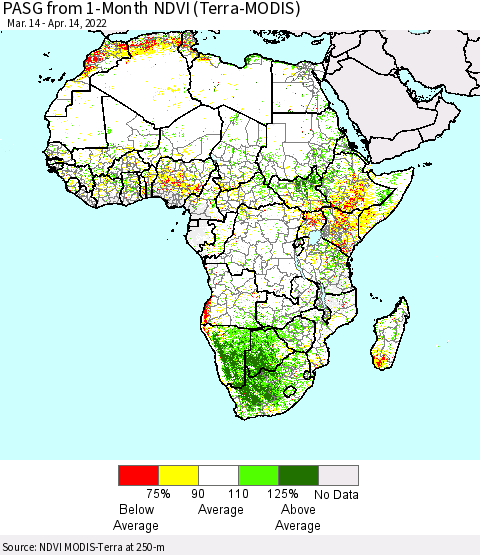 Africa PASG from 1-Month NDVI (Terra-MODIS) Thematic Map For 4/7/2022 - 4/14/2022