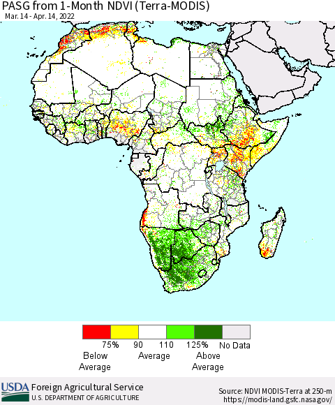 Africa PASG from 1-Month NDVI (Terra-MODIS) Thematic Map For 4/11/2022 - 4/20/2022