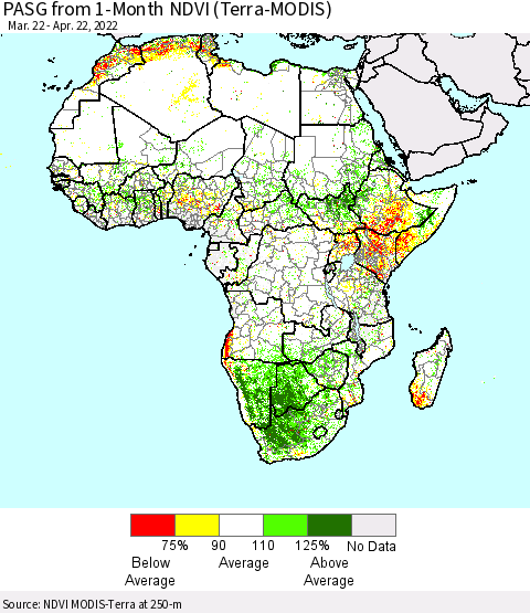 Africa PASG from 1-Month NDVI (Terra-MODIS) Thematic Map For 4/15/2022 - 4/22/2022