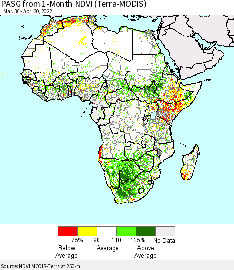 Africa PASG from 1-Month NDVI (Terra-MODIS) Thematic Map For 4/21/2022 - 4/30/2022