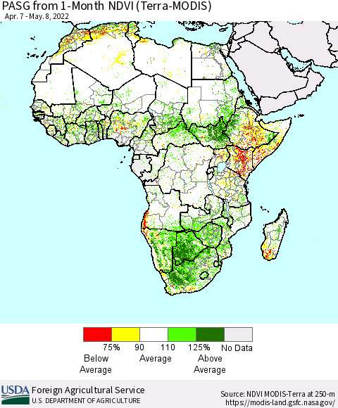 Africa PASG from 1-Month NDVI (Terra-MODIS) Thematic Map For 5/1/2022 - 5/10/2022