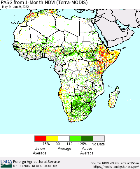 Africa PASG from 1-Month NDVI (Terra-MODIS) Thematic Map For 6/1/2022 - 6/10/2022