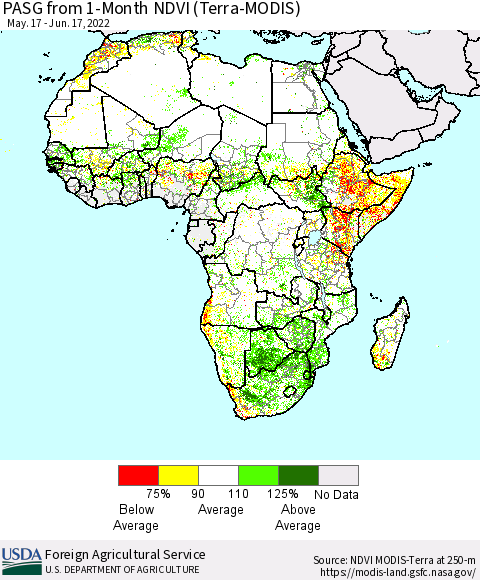 Africa PASG from 1-Month NDVI (Terra-MODIS) Thematic Map For 6/11/2022 - 6/20/2022