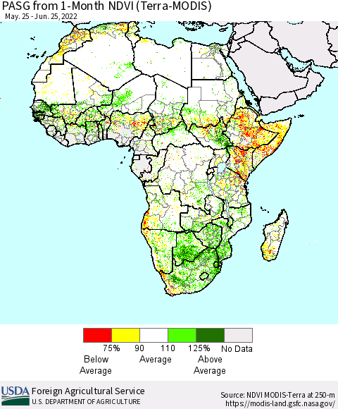 Africa PASG from 1-Month NDVI (Terra-MODIS) Thematic Map For 6/21/2022 - 6/30/2022