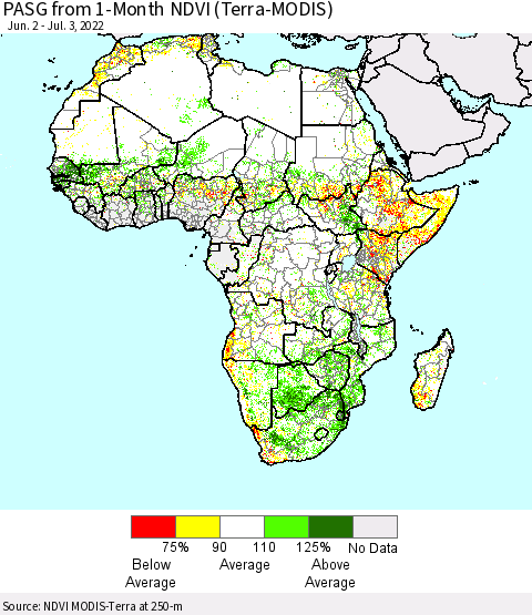Africa PASG from 1-Month NDVI (Terra-MODIS) Thematic Map For 6/26/2022 - 7/3/2022
