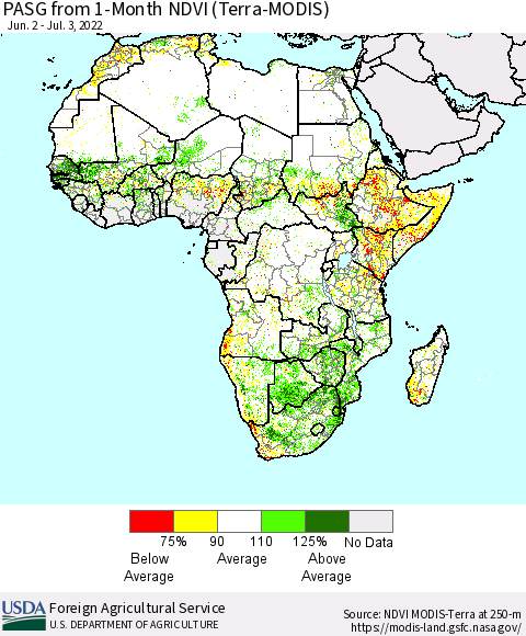 Africa PASG from 1-Month NDVI (Terra-MODIS) Thematic Map For 7/1/2022 - 7/10/2022