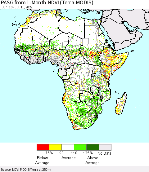 Africa PASG from 1-Month NDVI (Terra-MODIS) Thematic Map For 7/4/2022 - 7/11/2022