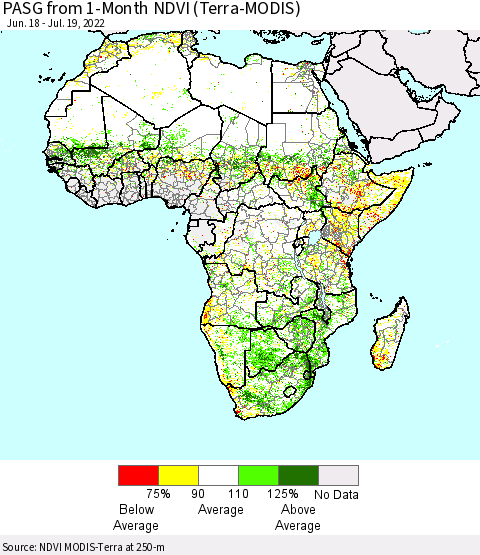 Africa PASG from 1-Month NDVI (Terra-MODIS) Thematic Map For 7/12/2022 - 7/19/2022