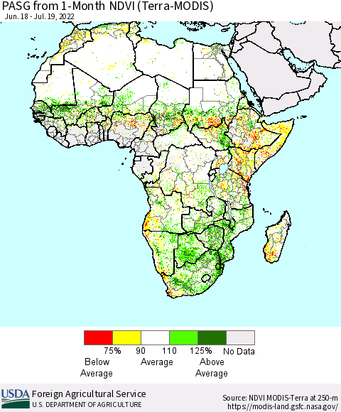 Africa PASG from 1-Month NDVI (Terra-MODIS) Thematic Map For 7/11/2022 - 7/20/2022