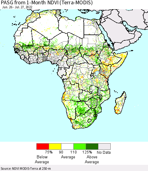 Africa PASG from 1-Month NDVI (Terra-MODIS) Thematic Map For 7/20/2022 - 7/27/2022