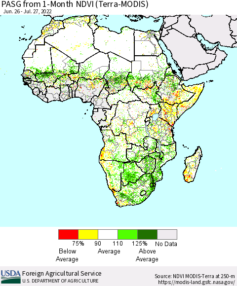 Africa PASG from 1-Month NDVI (Terra-MODIS) Thematic Map For 7/21/2022 - 7/31/2022