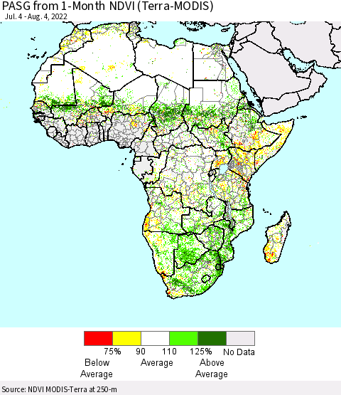 Africa PASG from 1-Month NDVI (Terra-MODIS) Thematic Map For 7/28/2022 - 8/4/2022