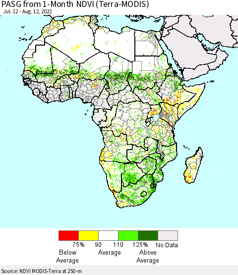 Africa PASG from 1-Month NDVI (Terra-MODIS) Thematic Map For 8/5/2022 - 8/12/2022