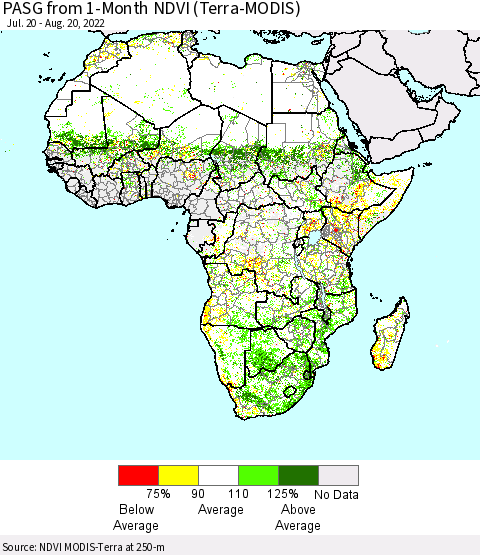 Africa PASG from 1-Month NDVI (Terra-MODIS) Thematic Map For 8/11/2022 - 8/20/2022