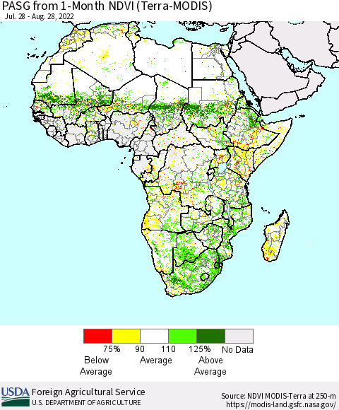 Africa PASG from 1-Month NDVI (Terra-MODIS) Thematic Map For 8/21/2022 - 8/31/2022