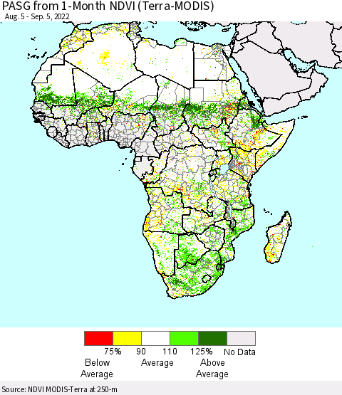 Africa PASG from 1-Month NDVI (Terra-MODIS) Thematic Map For 8/29/2022 - 9/5/2022