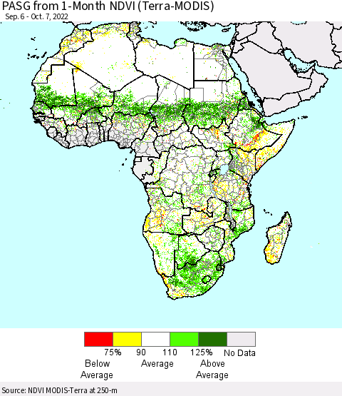 Africa PASG from 1-Month NDVI (Terra-MODIS) Thematic Map For 9/30/2022 - 10/7/2022