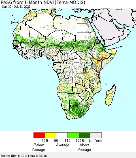 Africa PASG from 1-Month NDVI (Terra-MODIS) Thematic Map For 10/21/2022 - 10/31/2022