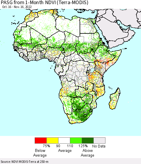 Africa PASG from 1-Month NDVI (Terra-MODIS) Thematic Map For 11/9/2022 - 11/16/2022
