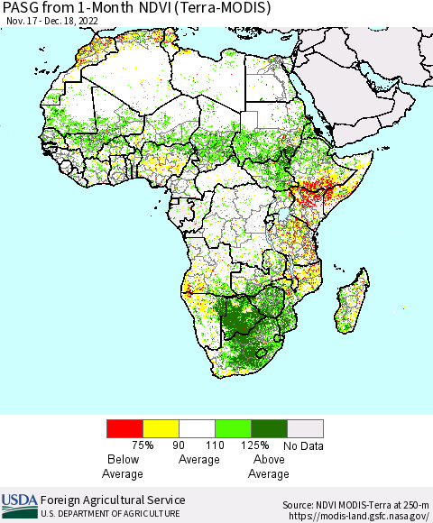 Africa PASG from 1-Month NDVI (Terra-MODIS) Thematic Map For 12/11/2022 - 12/20/2022