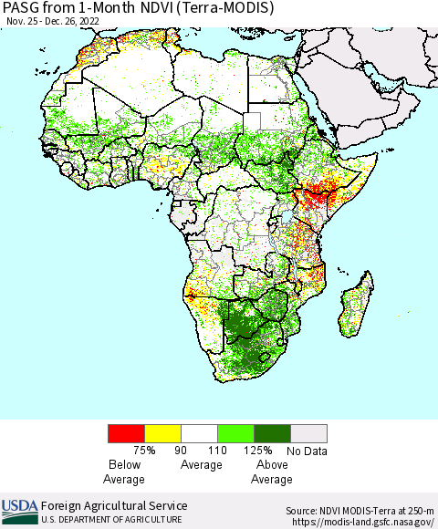 Africa PASG from 1-Month NDVI (Terra-MODIS) Thematic Map For 12/21/2022 - 12/31/2022