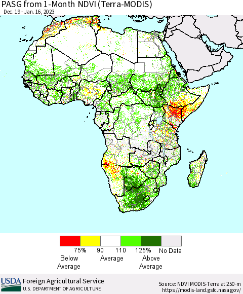 Africa PASG from 1-Month NDVI (Terra-MODIS) Thematic Map For 1/11/2023 - 1/20/2023