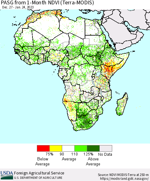 Africa PASG from 1-Month NDVI (Terra-MODIS) Thematic Map For 1/21/2023 - 1/31/2023