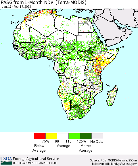 Africa PASG from 1-Month NDVI (Terra-MODIS) Thematic Map For 2/11/2023 - 2/20/2023