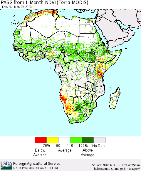 Africa PASG from 1-Month NDVI (Terra-MODIS) Thematic Map For 3/21/2023 - 3/31/2023