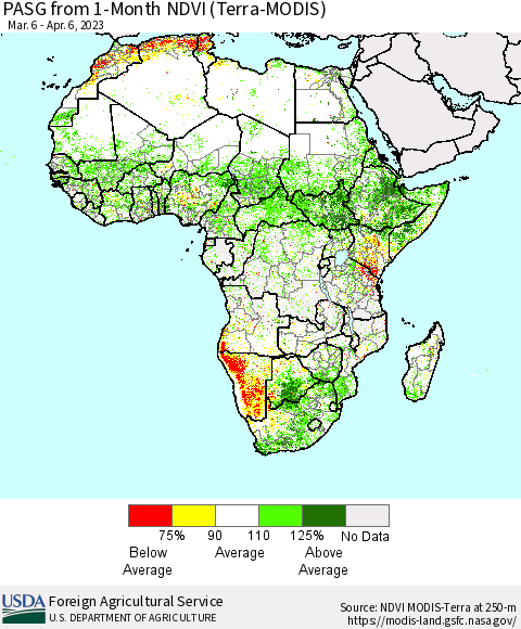 Africa PASG from 1-Month NDVI (Terra-MODIS) Thematic Map For 4/1/2023 - 4/10/2023