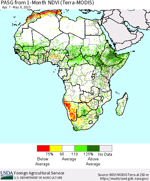 Africa PASG from 1-Month NDVI (Terra-MODIS) Thematic Map For 5/1/2023 - 5/10/2023