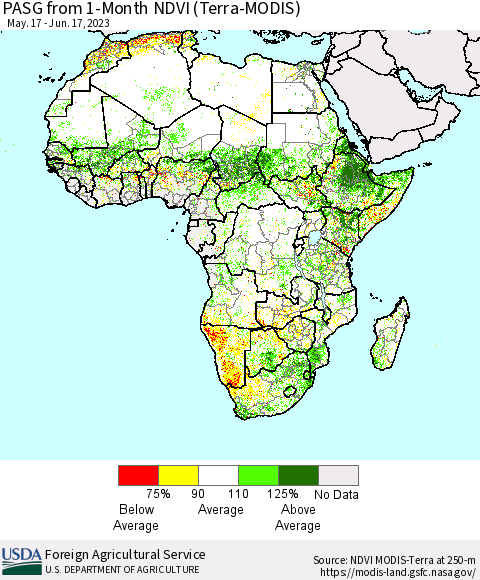 Africa PASG from 1-Month NDVI (Terra-MODIS) Thematic Map For 6/11/2023 - 6/20/2023
