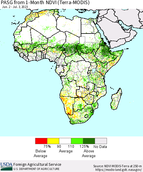 Africa PASG from 1-Month NDVI (Terra-MODIS) Thematic Map For 7/1/2023 - 7/10/2023