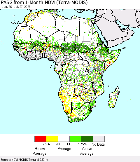 Africa PASG from 1-Month NDVI (Terra-MODIS) Thematic Map For 7/20/2023 - 7/27/2023