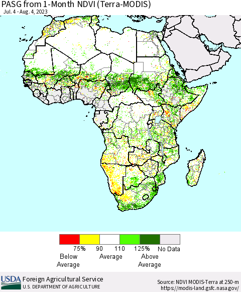 Africa PASG from 1-Month NDVI (Terra-MODIS) Thematic Map For 8/1/2023 - 8/10/2023