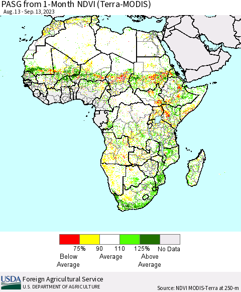 Africa PASG from 1-Month NDVI (Terra-MODIS) Thematic Map For 9/11/2023 - 9/20/2023