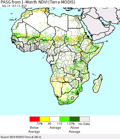 Africa PASG from 1-Month NDVI (Terra-MODIS) Thematic Map For 10/8/2023 - 10/15/2023