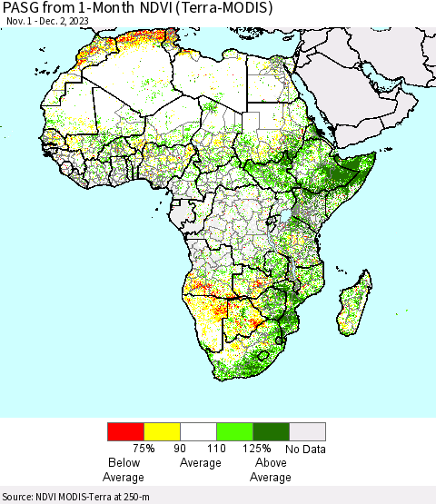Africa PASG from 1-Month NDVI (Terra-MODIS) Thematic Map For 11/25/2023 - 12/2/2023