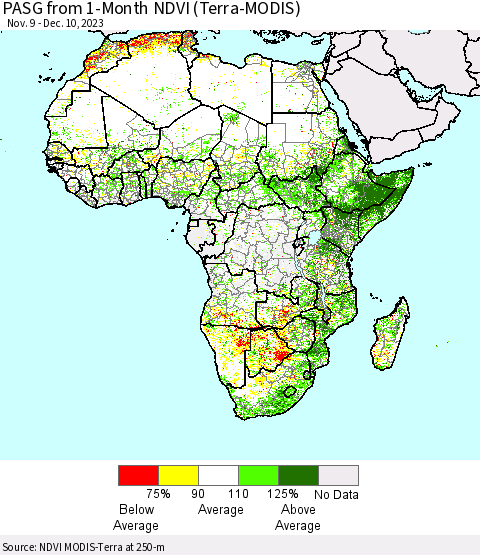 Africa PASG from 1-Month NDVI (Terra-MODIS) Thematic Map For 12/3/2023 - 12/10/2023